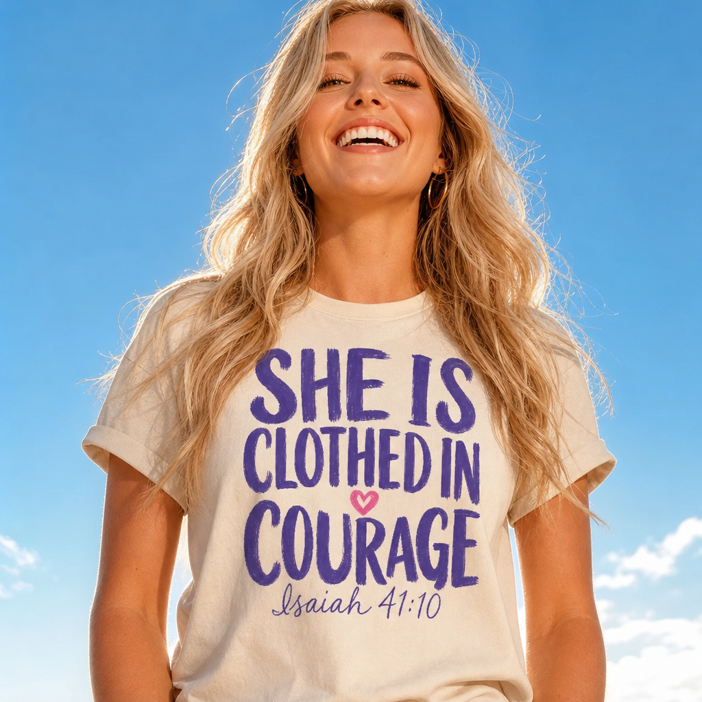 SHE IS CLOTHED IN COURAGE TEE- ISAIAH 41:10