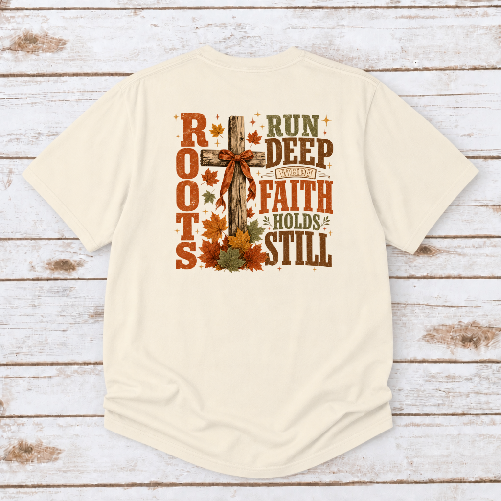 ROOTS RUN DEEP WHEN FAITH HOLDS STILL TEE