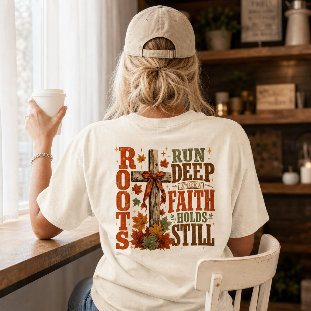 ROOTS RUN DEEP WHEN FAITH HOLDS STILL TEE