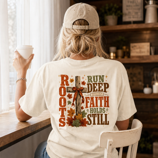 ROOTS RUN DEEP WHEN FAITH HOLDS STILL TEE