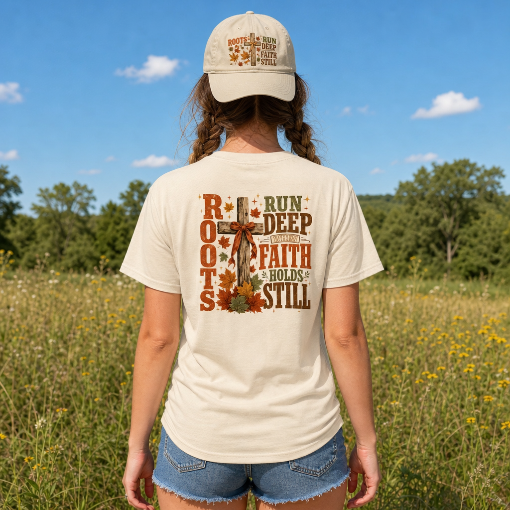 ROOTS RUN DEEP WHEN FAITH HOLDS STILL TEE